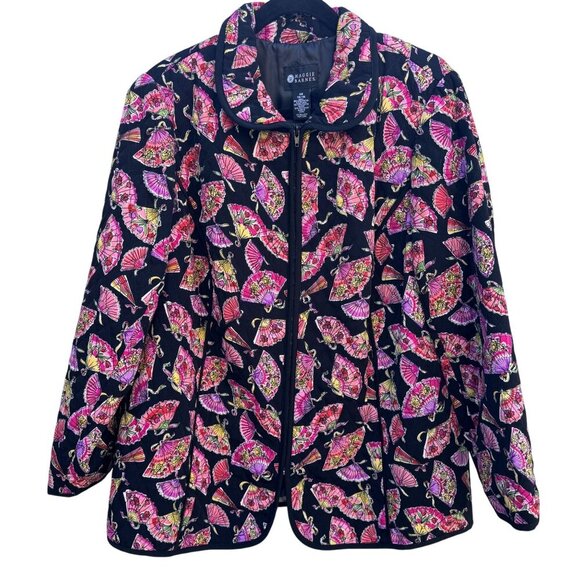Maggie Barnes Jackets & Blazers - Maggie Barnes Vintage Womens Quilted Fan Print Black Pink Floral Jacket 0X 14/16